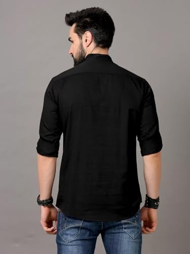 Image of DEEMOON Men's Cotton Blend Full Sleeve Short Kurta with Mandarin Collar Crafted from a Premium Cotton Blend