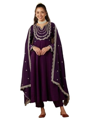 MOKOSH Women's Silk Embroidered Anarkali Kurta and Pant Set with ...