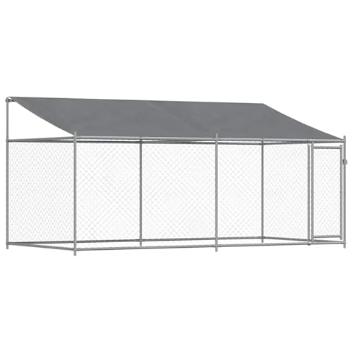 Gecheer Hundezwinger mit Dach und Tür Grau 4x2x2 m Verzinkter Stahl, Hundezwinger Freilaufgehege für große Hunde Garten Camping Outdoor