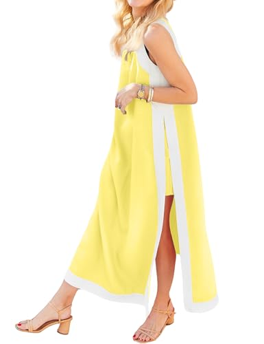 Image of Dsewpaur Women's Color Block Maxi Dress 2 Piece Matching Shorts Sets Summer Bohemian Sleeveless Long Dresses with Pockets Yellow