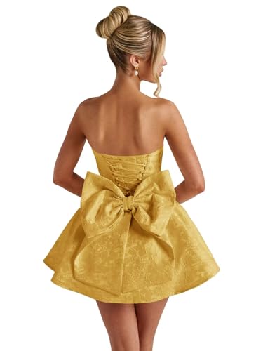 Wchecalino Floral Jacquard Satin Homecoming Dresses with Bow 2025 Strapless Short Mini Wedding Bridal Dresses