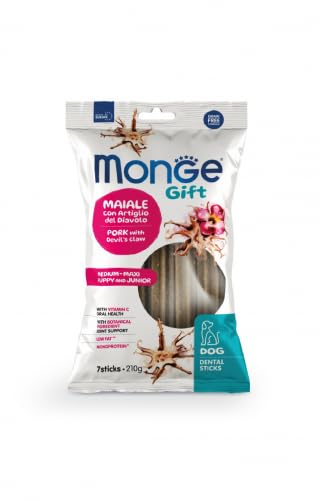 MONGE Cane Snack Gift Puppy And Junior Medium – Maxi Maiale con Artiglio del Diavolo Dental Sticks | snack per cani cuccioli di taglia media e grande, Made in Italy, 3 confezioni da 210 grammi.