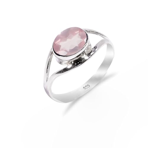 HIMALYA QUARTZ Anillo de promesa tradicional solitario de cuarzo rosa en plata de ley 925, hecho a mano, para mujer y hombre (RB-01-RQ-8.5)