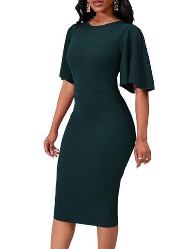 Image of WanMem Womens Basic Bodycon Ruffle Flared Short Sleeve Pencil Midi Dress