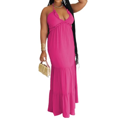 Image of TOPSRANI Womens Sleeveless Maxi Dress Halter Casual Backless Smocked Tiered Ruffle Flowy Sexy Slip Sling Strap Dresses