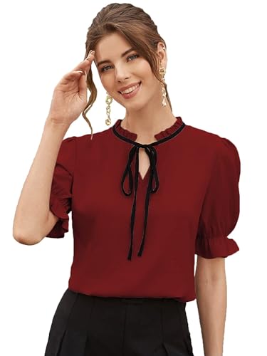 Image of Stylistico Soft Polyester Formal Stylish tie-up Office Solid Western Summer Short v-Neck Casual Plain Puff Half Sleeves Tops for Women Latest
