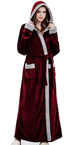 Long Hooded Bathrobe for Womens Flannel Soft Fleece Robes Winter Warm Housecoat Nightgown Sleepwear Pajamas?Wine Red,Small/Medium?