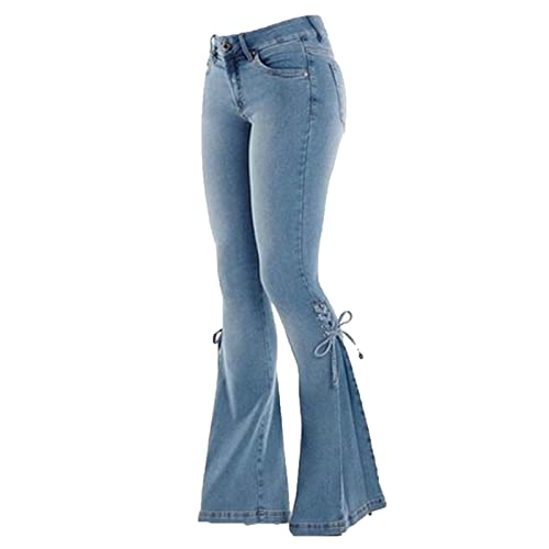 DGHM-JLMY Women's Mid Waist Tie Stretch Denim Flared Pants Pull-On Stretch Bootcut Slim Lace-up Bell Bottom Wide Leg Jean