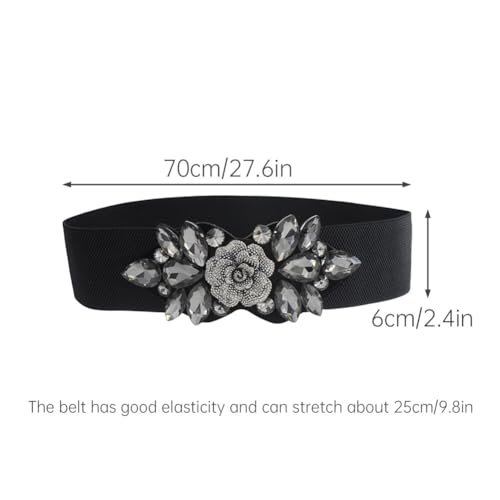 PHEZEN Plus Size Women Flower Elastic Belts Crystals Stretch Belt Wide Dressy Belt Fancy Dress Waist Accessories, Black Diamond3