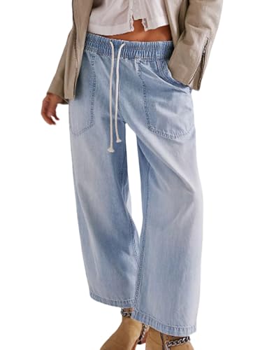 loveimgs Women Baggy Boyfriend Jeans Elastic Low Rise Wide Leg Cropped Denim Pants Drawstring Barrel Jean Trouser Pockets (Medium,Light Blue)