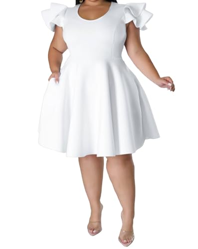 Image of IyMoo Women's Plus Size Cape Flutter Sleeve Stretchy A Line Swing Flared Skater Cocktail Party Dress with Pockets