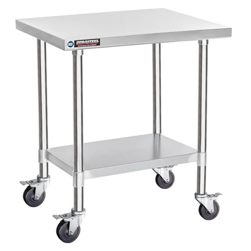 Image of DuraSteel 30x24 NSF Stainless Steel Cart Work Table - Heavy Duty Rolling Food Prep Table - Metal Utility Cart on Wheels Caster, Grill Stand Microwave Outdoor Kitchen Tables Countertop Island Large Top