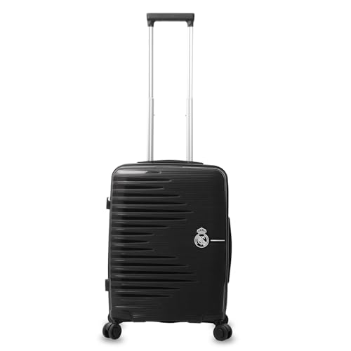 TOTTO - Maleta Cabina Real Madrid, 35.5 x 47 x 21.5 cm, Capacidad 35L, Maleta de Viaje rígida Resistente a Impactos, Ruedas 360º, Manija Telescópica, Correas Internas, Candado 3 Dígitos, Color Negro