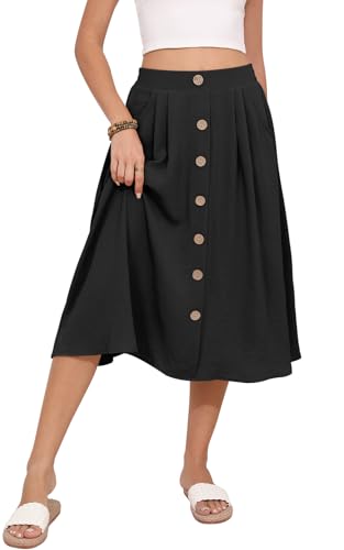 Women's Midi Skirt Summer Flowy High Waisted Casual Button Front Skirts with Pockets3