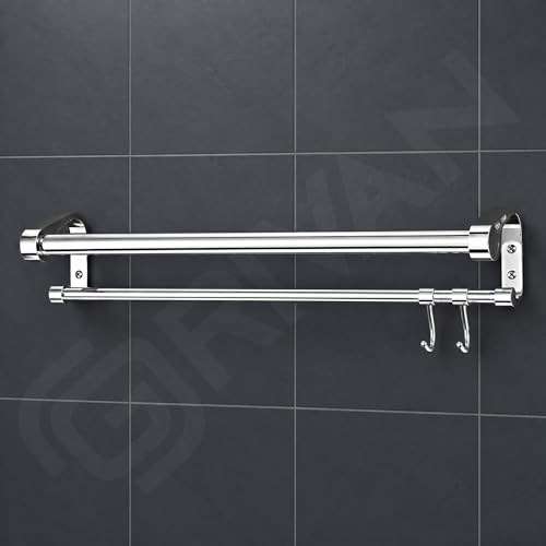 Image of GRIVAN Stainless Steel Wall Mounted 2-Tier Dual Towel Rod with Hooks | Modern Towel Holder in Bathroom for Clothes - Towel Stand (Silver Chrome, 24 inch)