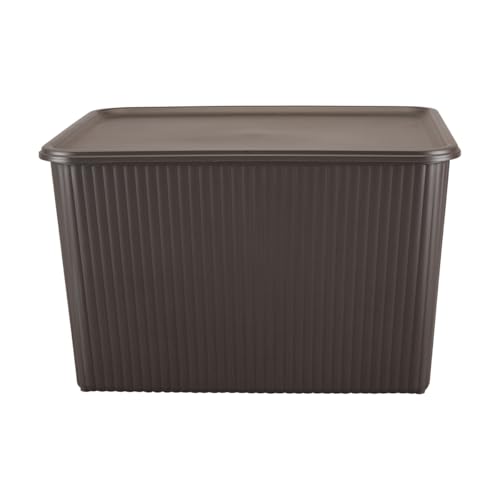 Image of Kolorr Ribbed Baskets Large Pack of 1 With 1 Standard Lid (Non-Airtight Loose-Fit Cover) Multipurpose Plastic Storage Baskets For Cloths Toys Wardrobe Home Kitchen & Livingroom I Dark Brown