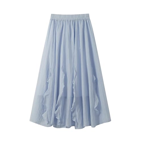 Women’S A-Line Skirt Elastic High Waist Decorative Hem Slight-Stretch Loose Fit Flowy Movement