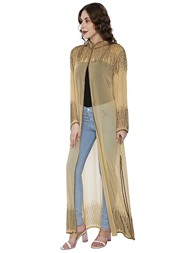 Image of Matelco Women Georgette Floor Length Hand Embroidered Embellished Longline Front Open Shrug Dress