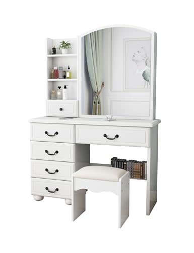 KUIKUI Vanity Desk with Mirror and Lights, Makeup Vanity Desk with Lights, Vanity Mirror with Lights Desk and Chair, 35.43''x15.35''x53.15'', 6 Drawers