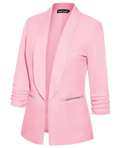 Womens Casual Blazer Ruched 3/4 Sleeve Open Front Cardigan Work Office Blazers Suit Jacket with Zipper Pocket2