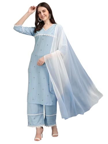 Image of EthnicJunction Women's Cotton Printed Kurta Palazzo and Dupatta Set