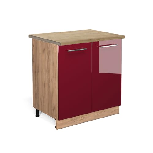 Vicco Meuble Bas de Cuisine Fame-Line, Rouge Bordeaux Haute Brillance, 80cm avec étagère, PT Chêne, à Combiner avec d'autres modules de la série Fame-Line
