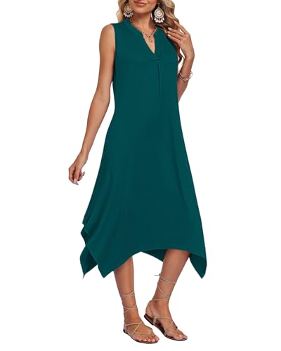 Image of AUSELILY Womens Summer Midi Dress V Neck Sleeveless Casual with Pockets | Flowy womens summer dress with asymmetrical hem, great for beach, vacation and daily wear