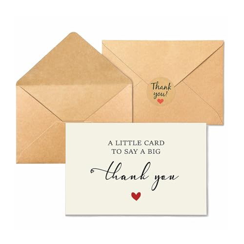 Cartes de remerciement avec enveloppes kraft et autocollants pour mariage, lot de 20