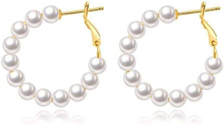 Pearl Hoop Earrings for Women Small Pearl Hoop Earrings,14K Gold Plated Lightweight Open Large Circle Round Pearl Earrings Jewelry Birthday Gift for Women Girls
