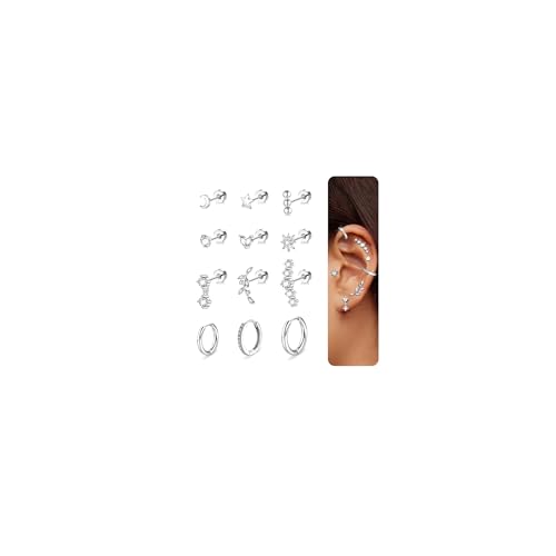 Kenivira 12 Pieza Piercing Oreja Pendientes Acero Inoxidable Mujer Plata Hipoalergenicos Cartílago Pendientes Piercing Tragus Mujer