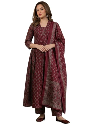 Image of ANNI Designer Women's Viscose Printed A-Line Kurta Set with Pant and Dupatta | Ethnic Wear Dress | V-Neck | 3 /4 Sleeve Indian Traditional Outfit for Women