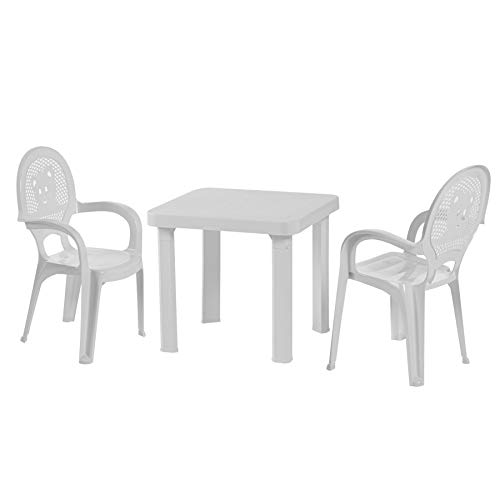 Resol Chaises table en plastique jardin/extérieur enfant - blanc - meuble enfant - lot de 2 chaises/1 table