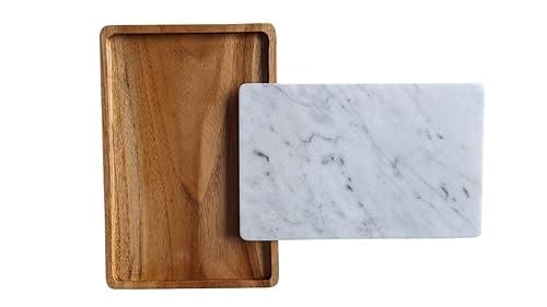 Plateau en bois de teck et marbre blanc de service rectangulaire pour décoration