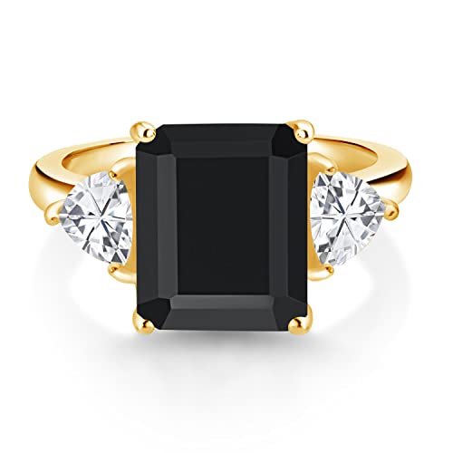 Gem Stone King 5-7 Cttw Gemstone Birthstone 3-Stone Ring For Women In 18K Yellow Gold Plated Silver | Emerald Cut 12X10MM | Trillion 5X5MM | Wedding Anniversary Promise Ring | Sizes 5, 6, 7, 8, 92