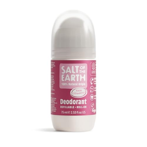 Desodorante natural en roll-on Salt Of the Earth - Fresa dulce - Recargable, vegano, protección duradera, aprobado por Leaping Bunny, fabricado en el Reino Unido - 75ml