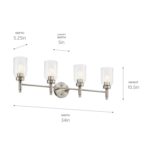 Kichler Madden 4-Light Vanity with Clear Glass in Brushed Nickel, Sloped Ceiling Compatible, for Single or Double Vanity in Bathroom (10.5" x 34"), 55186NI