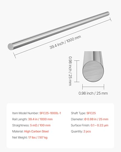 Image of VEVOR 2PCS Linear Motion Rod, 25 mm x 1000 mm (0.98 x 39.4 in), SFC25 Carbon Steel Linear Rod Shaft, Anti Rust and High Precision, High Hardness Shaft, for Cutting Grinding Milling Drilling Machine | 2PCS Linear Motion Rod, 25 mm x 1000 mm