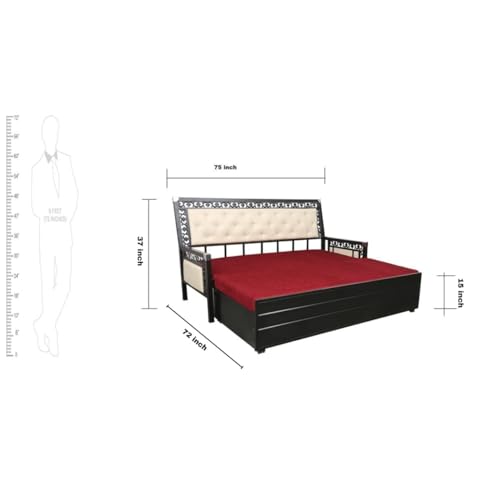 Image of Rexo Metal Sofa Cum Bed with Hydraulic Storage | 3 Seater Convertible Sofa Bed for Living Room | Heavy Duty Metal FrameMatte Black Finish with Maroon Cushion, Single