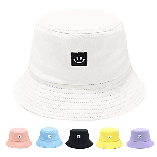 Kids Sun Hat Smile Face Bucket Hat For Girls Boys Summer Sun Protection Cotton Unisex Beach Cap(White) #TOP4