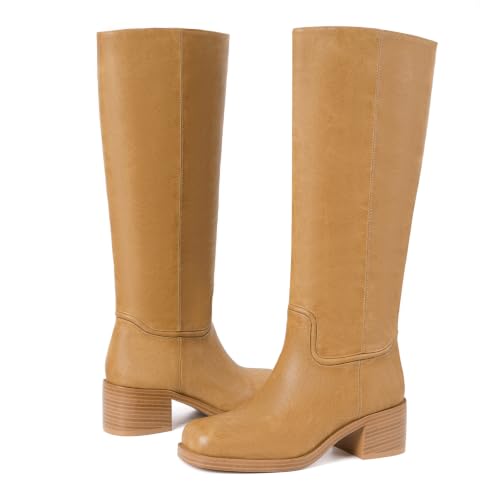 Image of Knee High Boots for Women Chunky Block Heel Tall Boots | Square Toe, Pull on, Faux Leather, Low Heel, Easy to Style, True to Size, Comfortable for Daily Wear, Vintage Riding Boot