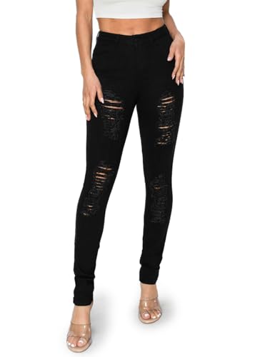 2LUV Women Junior Stretchy Mid Rise 5 Pocket Ripped Destroyed Ripped Skinny Jegging Jeans Back to School Clothing Apparel Black 92