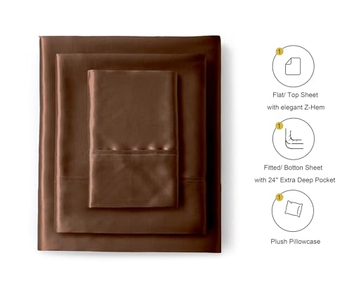 Image of Lanest Housing Silk Satin Sheets, Twin XL Size Satin Bed Sheet Set with Deep Pockets, Cooling Soft and Hypoallergenic Satin Sheets Twin XL - Brown