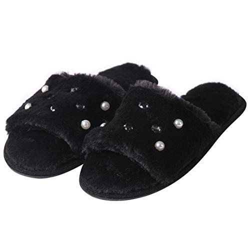 Forfoot Women's Fluffy Furry Fuzzy Slippers Soft Plush Flat Slide House Slippers Open Toe Comfy Spa Indoor Outdoor Slip On
