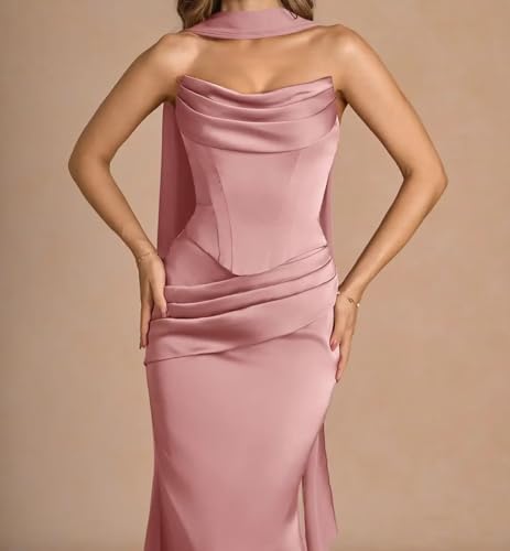 Bridesmaid Dresses Long for Women 2025 Satin Mermaid Strapless Pleated Formal Evening Party Gowns with Scarf4