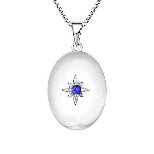 JO WISDOM Round/Oval Photo Locket Necklace,925 Sterling Silver Polar Star Charm Birthstone Pendant Necklace Jewelry for Women (Oval+September+Created Sapphire)