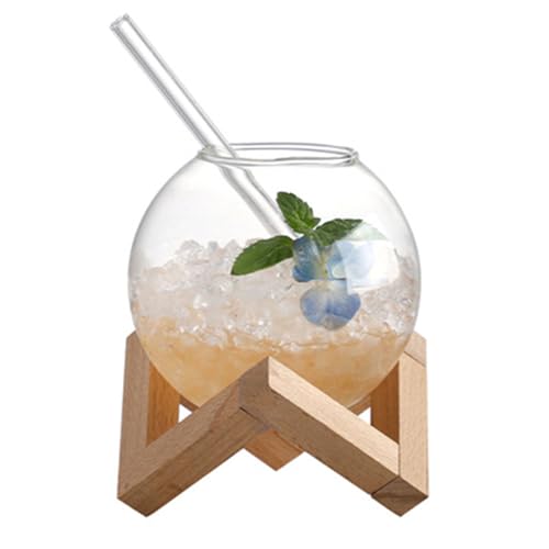 Kelisdi Taza de cristal transparente Ronud con soporte de madera, para cócteles, zumos de frutas, cristalería, vino, cócteles