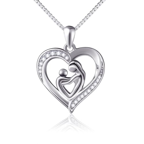 Flyow - Collana in argento Sterling 925 con ciondolo a forma di cuore per madre e figlio, con delicata zirconia cubica, catenina in argento, 45 cm, Argento sterling 925, zirconia cubica,