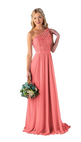 Jorshiman One Shoulder Bridesmaid Dresses for Women Chiffon Formal Dress A-Line Wedding Guest Gowns with Pockets