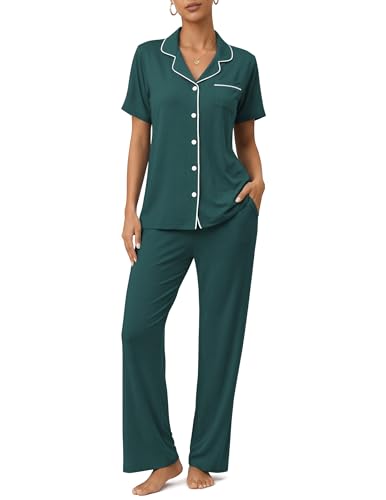Image of ZMJ Womens Pajamas Sets 2 Piece Button Up Pj Sets Short Sleeve with Long Pant