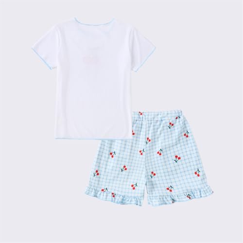 Image of Yoxindax Tween Girls Summer 2-Piece Outfit Set - Crew Neck Short Sleeve T-Cherry Print Shorts 7-14Y Summer Clothes